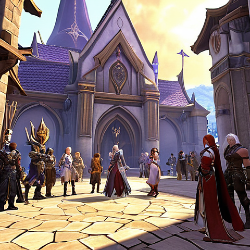 A vibrant, high-fantasy scene depicting players from both Elyos and Asmodian factions coexisting and interacting positively within Aion's world. Emphasize community and support: characters are shown forming groups, chatting in a guild hall or a bustling town square, offering assistance, and celebrating minor victories. Include elements of shared adventure, like players gathered before an instance entrance or trading. The overall mood should be welcoming, collaborative, and full of camaraderie, showcasing the diverse social fabric of an MMORPG. Art style: Detailed, cinematic, reminiscent of Aion's iconic art.