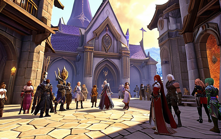 A vibrant, high-fantasy scene depicting players from both Elyos and Asmodian factions coexisting and interacting positively within Aion's world. Emphasize community and support: characters are shown forming groups, chatting in a guild hall or a bustling town square, offering assistance, and celebrating minor victories. Include elements of shared adventure, like players gathered before an instance entrance or trading. The overall mood should be welcoming, collaborative, and full of camaraderie, showcasing the diverse social fabric of an MMORPG. Art style: Detailed, cinematic, reminiscent of Aion's iconic art.