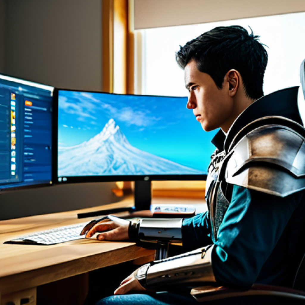 A focused individual, sitting in a modern gaming chair, contemplating a complex class selection screen within a vibrant fantasy MMORPG. The screen displays diverse character archetypes with detailed, modest armor. The player is fully clothed in comfortable, professional casual wear. The background is a clean, well-organized home office setup, bathed in soft, natural light. * **Qualifiers:** safe for work, appropriate content, fully clothed, professional dress, perfect anatomy, correct proportions, natural pose, well-formed hands, proper finger count, natural body proportions, high-quality, detailed, realistic photography, family-friendly.