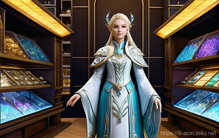 아이온 거래소 활용법 - **A Daeva Merchant Analyzing Market Trends** "A majestic and focused Daeva, an angelic humanoid ...
