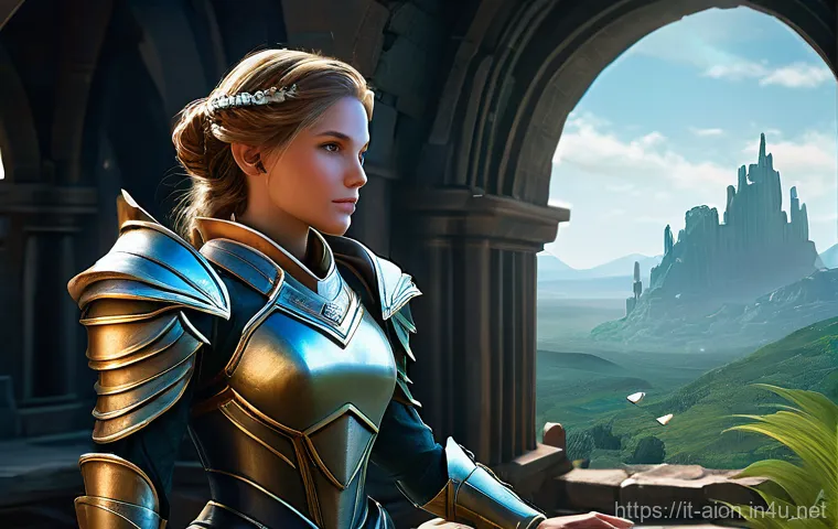 아이온 소비템 제작법 - **Prompt 1: The Mobile Artisan's Edge** "A female Daeva, clad in intricate Aion plate armor, is ...