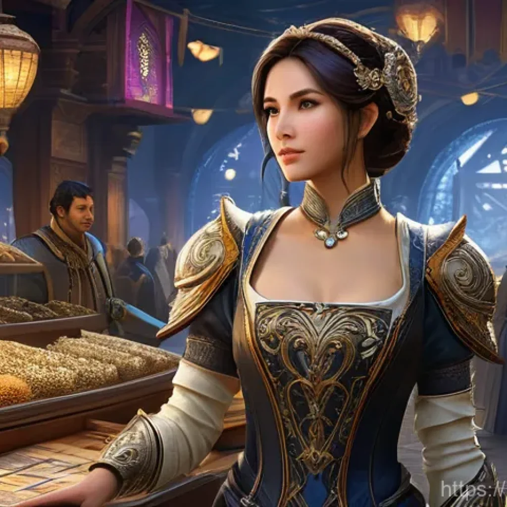 아이온 주화 교환 팁 - **Prompt:** A highly intelligent female Daeva merchant, fully clothed in elegant, functional fantasy...