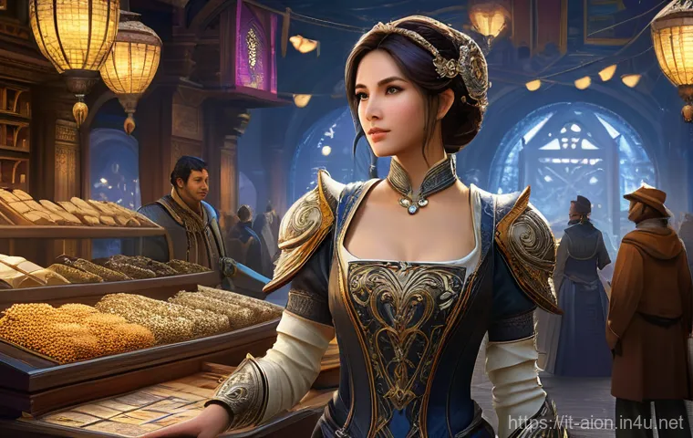 아이온 주화 교환 팁 - **Prompt:** A highly intelligent female Daeva merchant, fully clothed in elegant, functional fantasy...