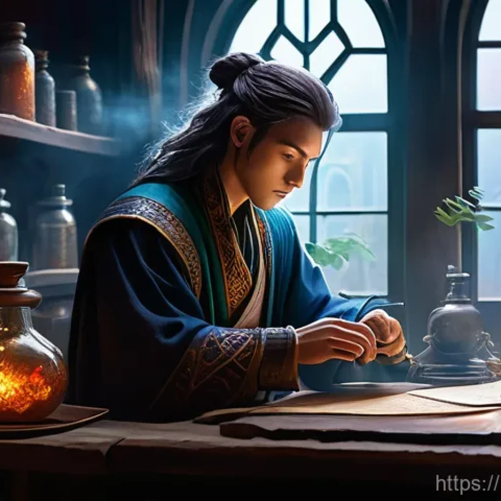 아이온 제작 숙련도 높이기 - **A Daeva Alchemist's Detailed Workshop** A highly detailed, realistic oil painting of an intell...