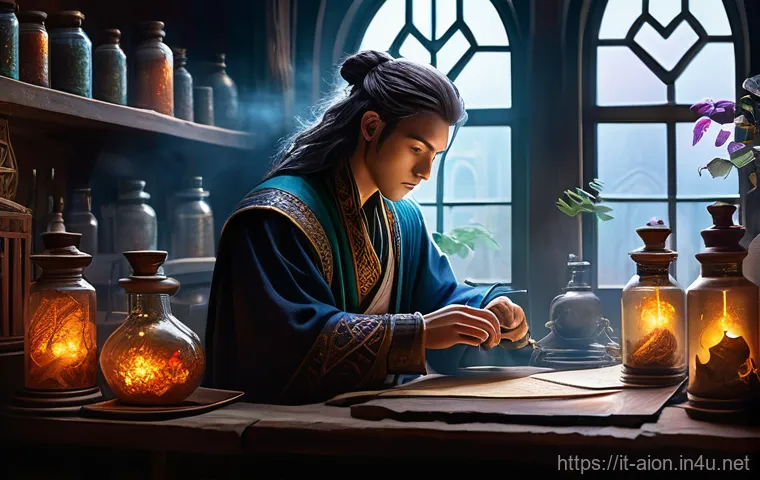 아이온 제작 숙련도 높이기 - **A Daeva Alchemist's Detailed Workshop** A highly detailed, realistic oil painting of an intell...