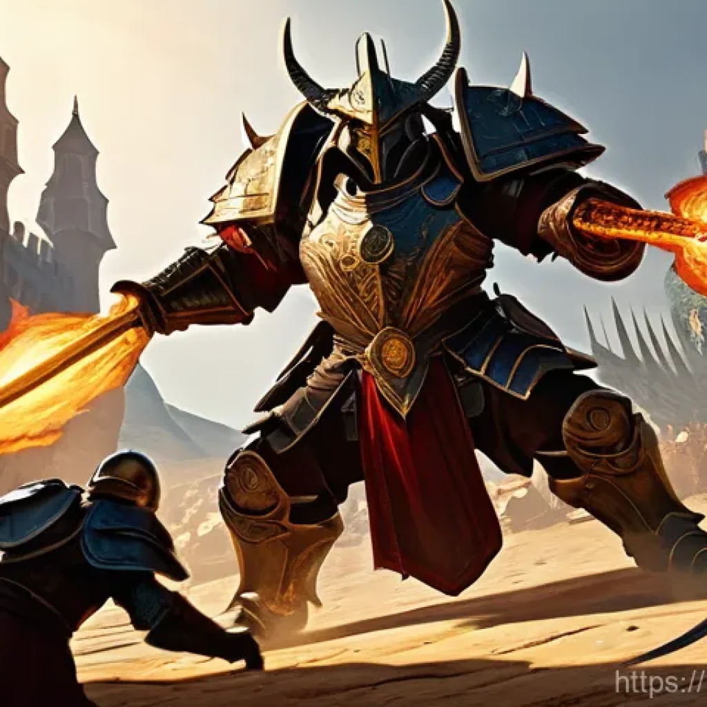 아이온 레이드 시스템 - **Prompt 1: Epic Confrontation in the Burning Citadel** "A highly detailed, cinematic image of a...