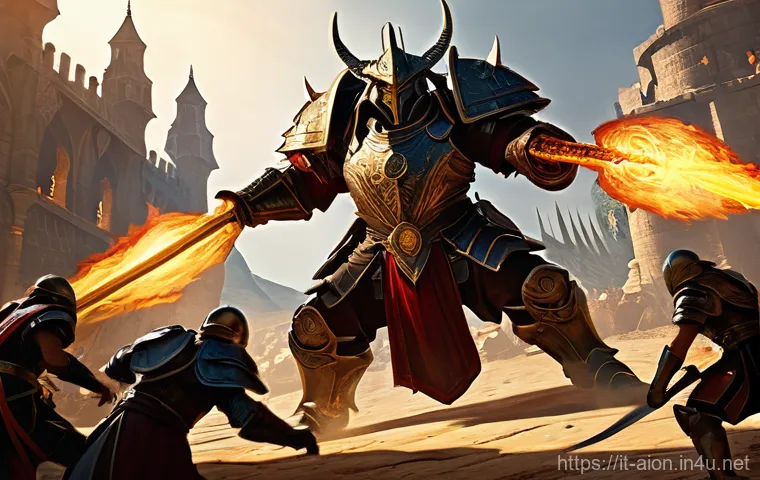 아이온 레이드 시스템 - **Prompt 1: Epic Confrontation in the Burning Citadel** "A highly detailed, cinematic image of a...