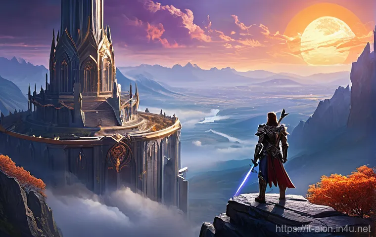 아이온 필수 퀘스트 추천 - **"The Backbone of Our Adventure: Main Campaigns"** A heroic Daeva (Aion player character) stand...