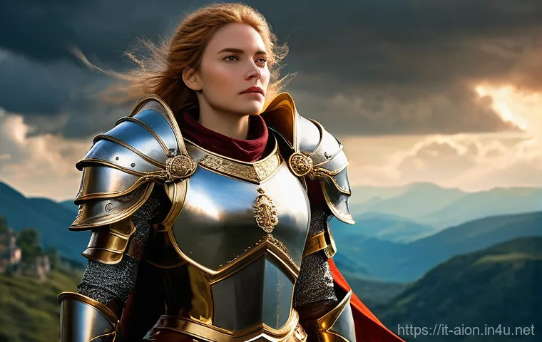아이온 전설 장비 효과 - **Prompt: "An epic female paladin in full, gleaming golden and silver plate armor, intricately detai...