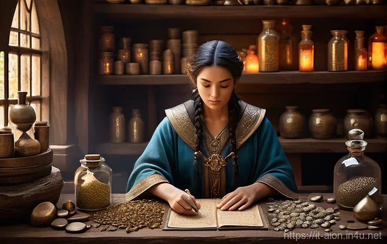 아이온 장비 강화 팁 - **Prompt:** A serene and experienced female mage, dressed in elegant but practical full-body robes w...