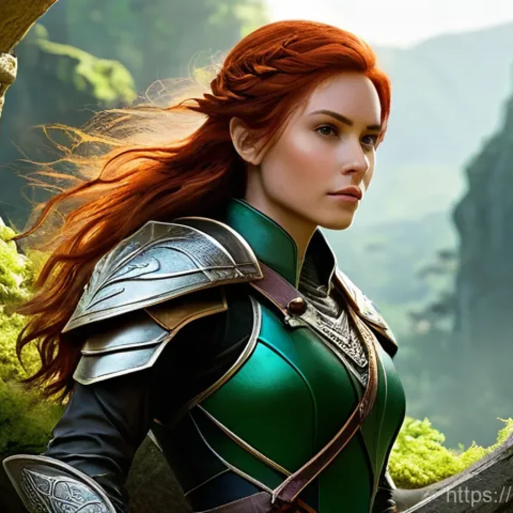 아이온 몬스터 약점 분석 - An athletic female Daeva Ranger, approximately 25 years old, with flowing auburn hair and keen, focu...