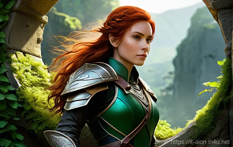 아이온 몬스터 약점 분석 - An athletic female Daeva Ranger, approximately 25 years old, with flowing auburn hair and keen, focu...
