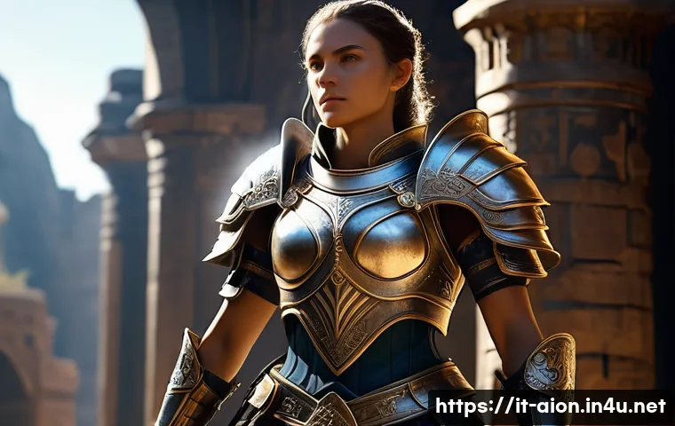아이온 유물 아이템 정보 - **Prompt:** A highly detailed, realistic illustration of a formidable female Daeva warrior, embodyin...