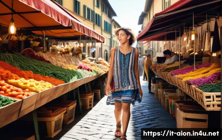 아이온 아이템 조합법 - **Prompt:** A young woman in her late teens, walking through a vibrant outdoor market in Florence, I...