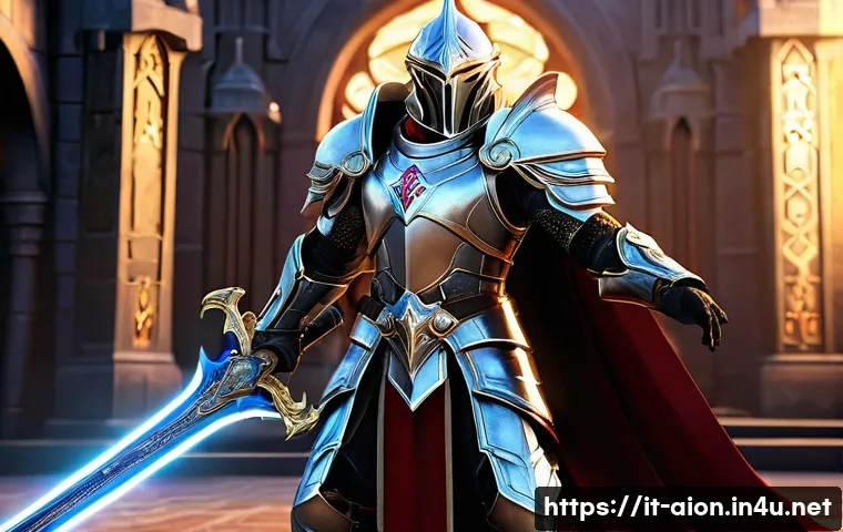 아이온 직업별 추천 무기 - **Aion Templar's Legendary Stand:** A heroic Daeva Templar, fully clad in elaborate, gleaming silver...