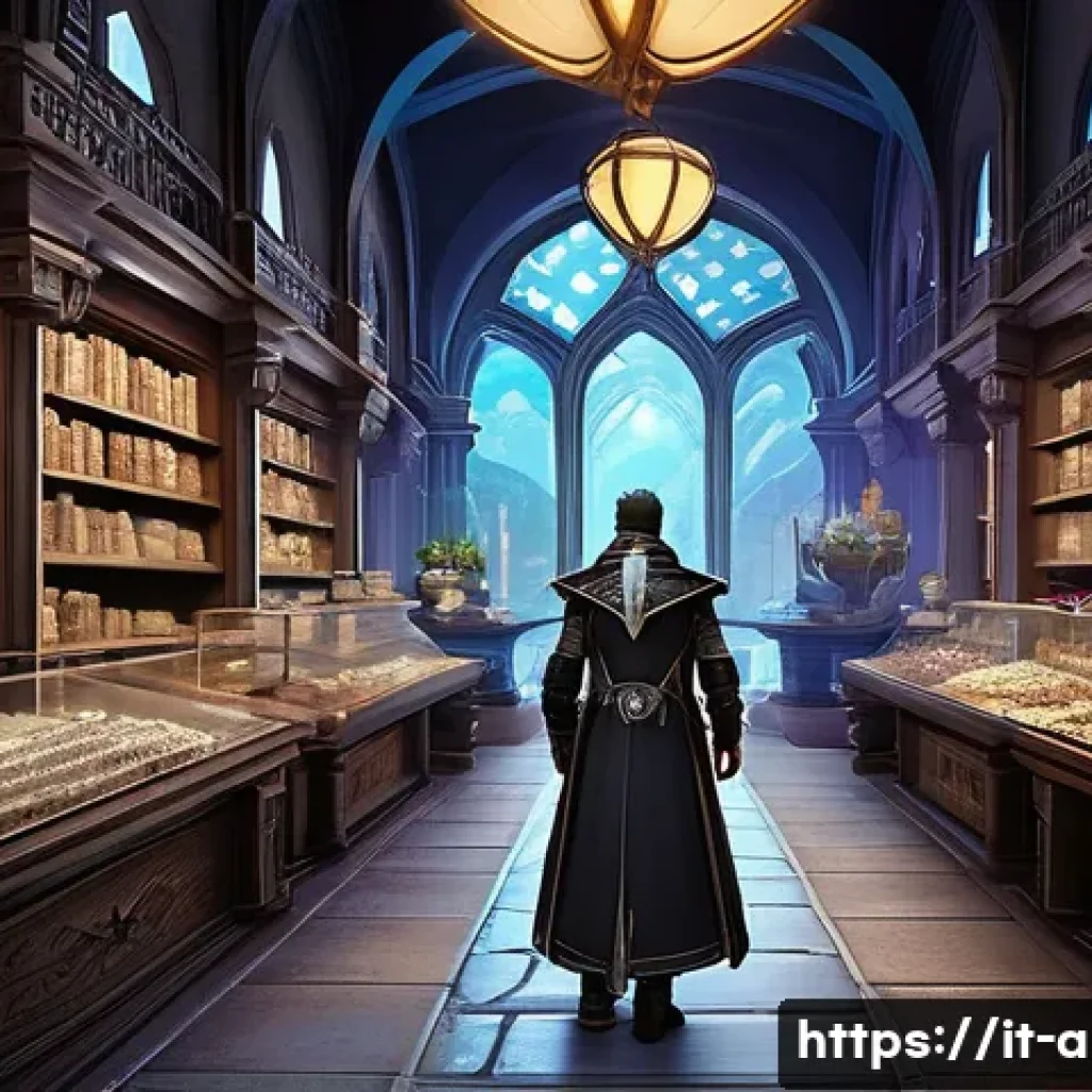 아이온 개인 상점 운영법 - **Prompt 1: The Astute Merchant's Analysis** "A highly detailed, wide-angle shot of a Daeva merc...
