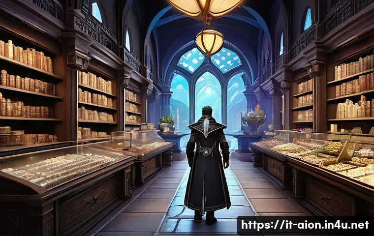 아이온 개인 상점 운영법 - **Prompt 1: The Astute Merchant's Analysis** "A highly detailed, wide-angle shot of a Daeva merc...