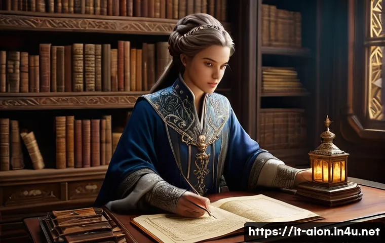 아이온 월간 이벤트 분석 - **Prompt: The Master Strategist's Study** "An Aion-inspired female character, dressed in elabora...
