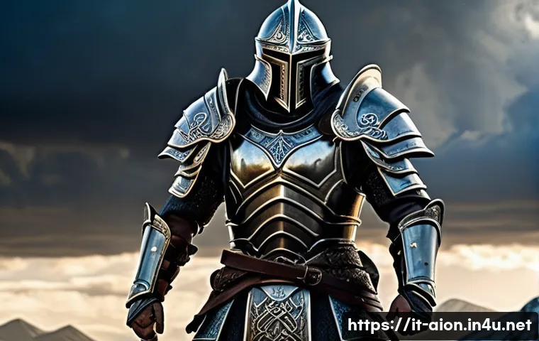 아이온 룬 시스템 공략 - A fierce warrior clad in heavy, intricately detailed armor with glowing runes etched into the metal ...