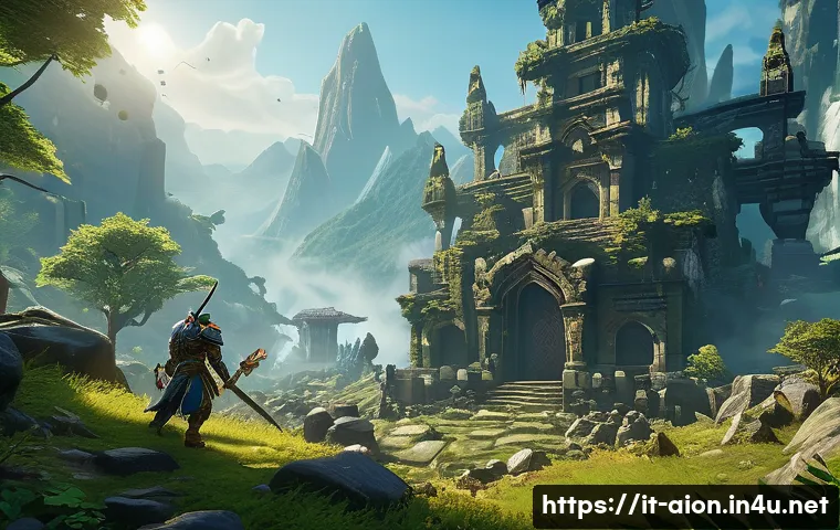 아이온 드랍율 상승 팁 - A detailed fantasy game scene showing a skilled player character in mid-level mountainous zone of a ...