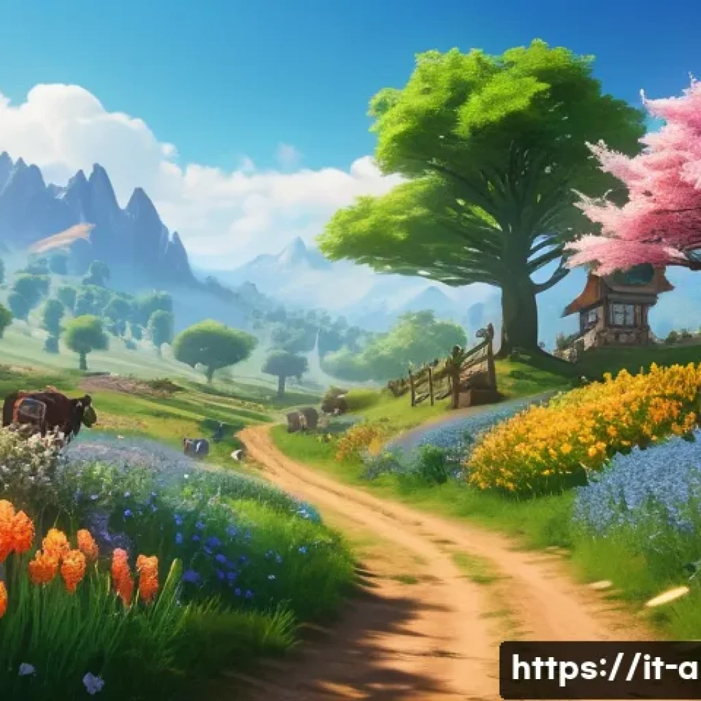 아이온 계절별 사냥터 추천 - A vibrant spring landscape in a fantasy MMORPG setting, featuring lush green fields and blooming flo...