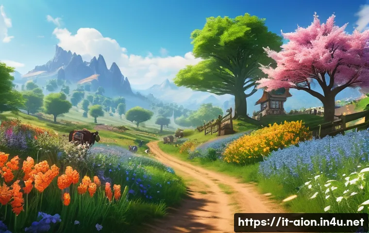 아이온 계절별 사냥터 추천 - A vibrant spring landscape in a fantasy MMORPG setting, featuring lush green fields and blooming flo...