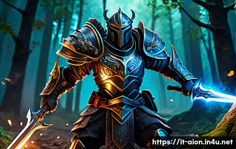 아이온 레벨업 꿀팁 - A dynamic fantasy battle scene showcasing a skilled warrior character in detailed, ornate armor exec...