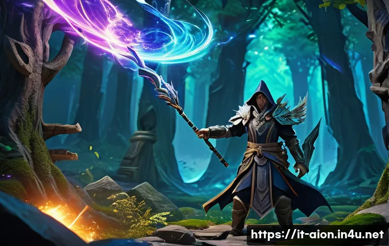 아이온 PvE 효율 높이기 - A dynamic fantasy PvE battle scene featuring a mage character wearing elaborate, detailed robes and ...