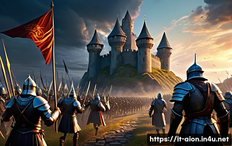 아이온 공성전 입장 조건 - A highly detailed fantasy battle scene in a medieval setting, featuring a diverse group of armored w...