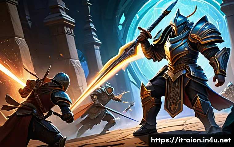 아이온 전투 분석 툴 - A detailed digital illustration of a fantasy MMORPG battle scene focused on skill usage and timing: ...