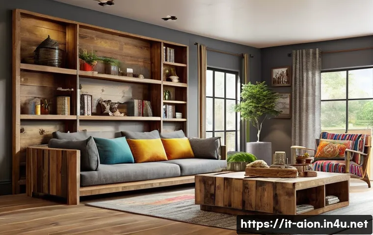 아이온 하우징 가구 제작 - A cozy, personalized living room interior inspired by a modern rustic style, featuring custom wooden...