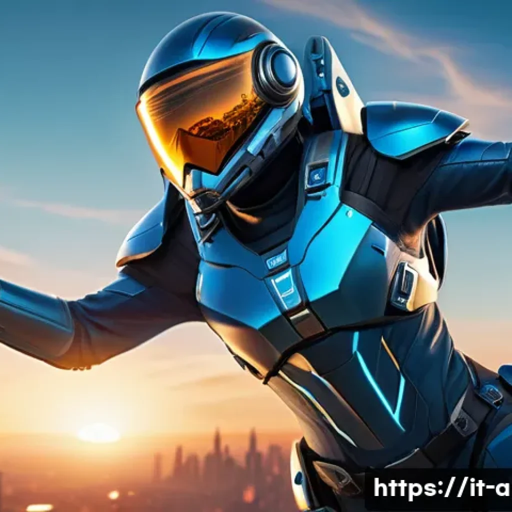 아이온 비행 시간 연장법 - A futuristic character equipped with advanced flight gear and sleek armor, hovering mid-air above a ...