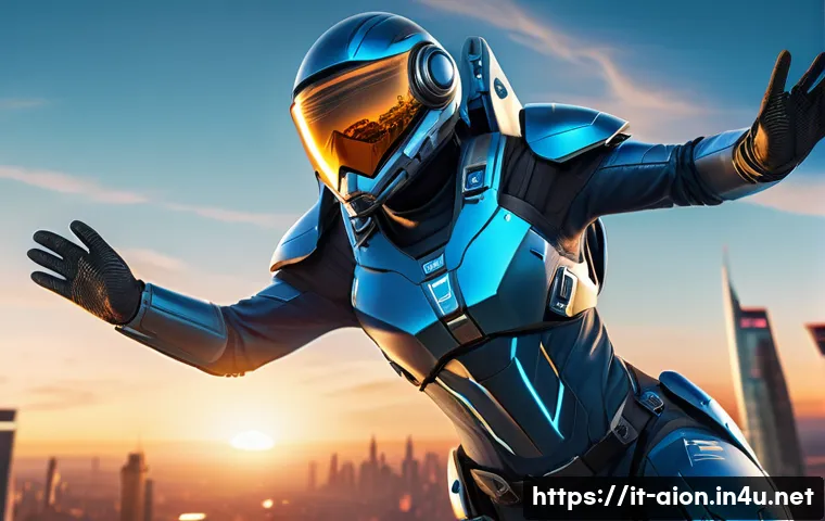 아이온 비행 시간 연장법 - A futuristic character equipped with advanced flight gear and sleek armor, hovering mid-air above a ...