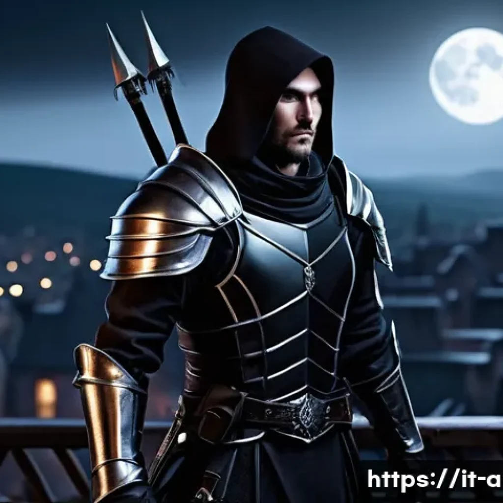 아이온 살성 스킬 트리 - A stealthy assassin in a dark fantasy setting, wearing sleek black leather armor with subtle silver ...