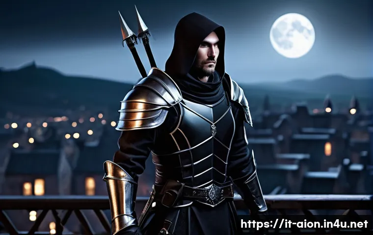 아이온 살성 스킬 트리 - A stealthy assassin in a dark fantasy setting, wearing sleek black leather armor with subtle silver ...