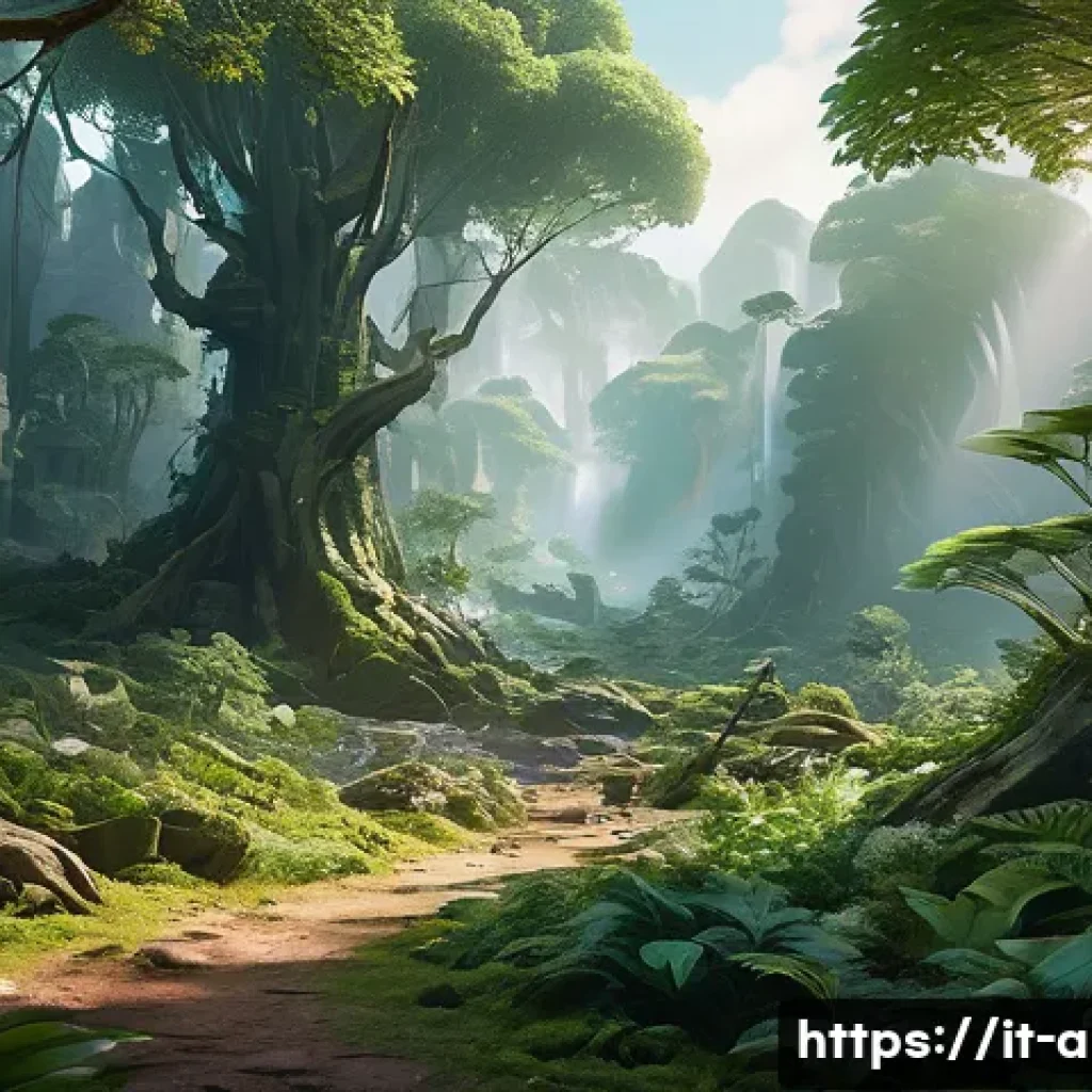 아이온 리소스 관리법 - A detailed fantasy landscape showing a mid-level resource gathering zone in a lush forest with rare ...