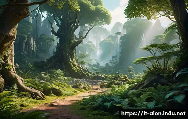 아이온 리소스 관리법 - A detailed fantasy landscape showing a mid-level resource gathering zone in a lush forest with rare ...