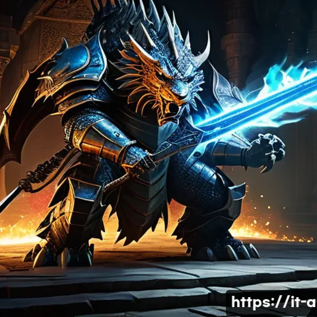 아이온 보스 파티 구성 팁 - A detailed fantasy scene showing a heavily armored tank character standing firm in front of a massiv...
