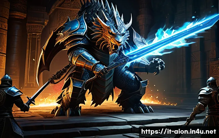 아이온 보스 파티 구성 팁 - A detailed fantasy scene showing a heavily armored tank character standing firm in front of a massiv...