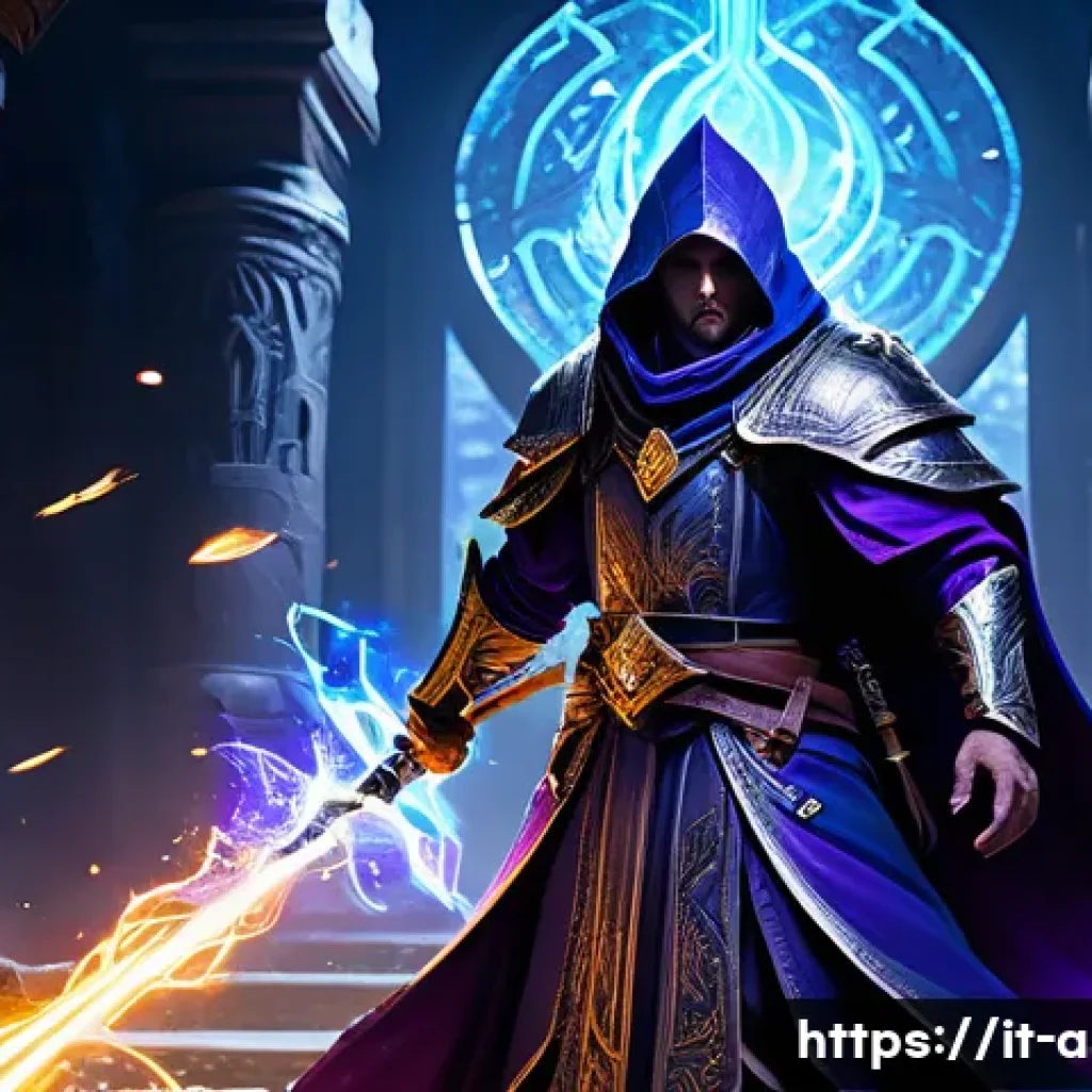 아이온 클래스별 PvE - A dynamic battle scene inside a dark, ancient dungeon featuring a powerful Mage character clad in el...