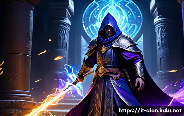 아이온 클래스별 PvE - A dynamic battle scene inside a dark, ancient dungeon featuring a powerful Mage character clad in el...