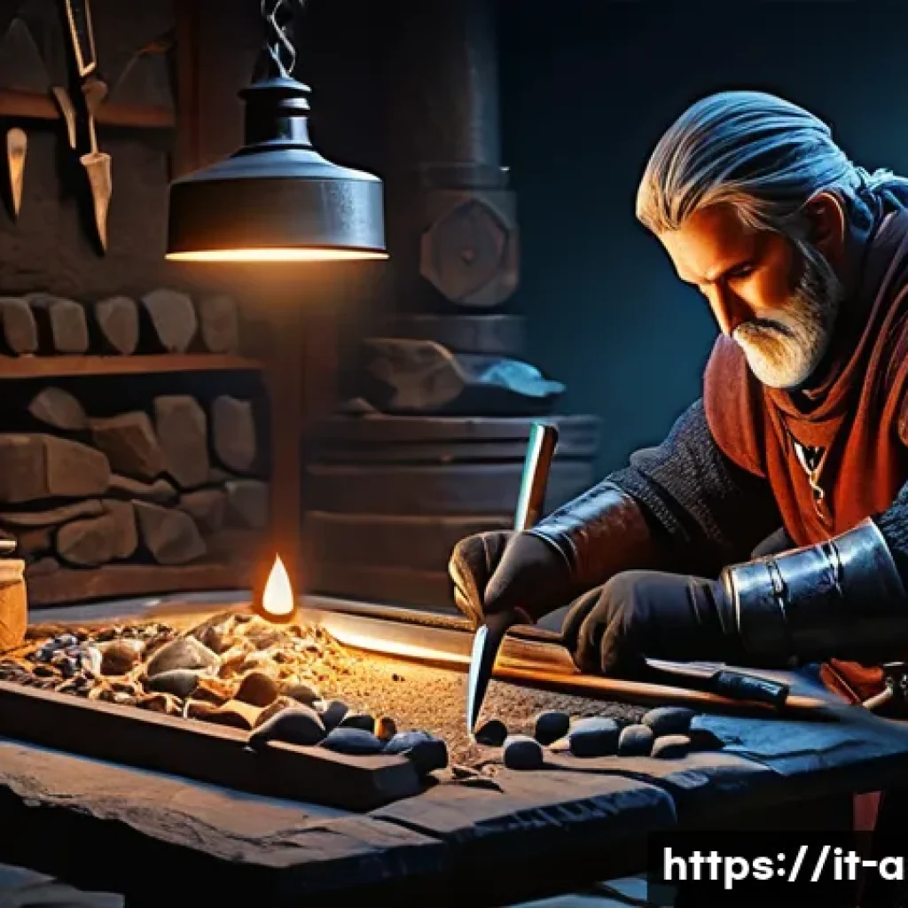 아이온 강화석 사용법 - A detailed fantasy RPG workshop scene showing a skilled blacksmith carefully selecting enhancement s...