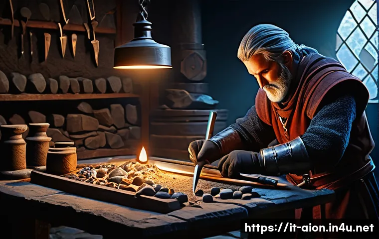 아이온 강화석 사용법 - A detailed fantasy RPG workshop scene showing a skilled blacksmith carefully selecting enhancement s...