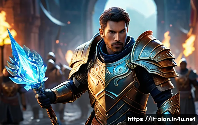 아이온 체력 회복 팁 - A dynamic fantasy battle scene featuring a skilled healer character in detailed, ornate armor castin...