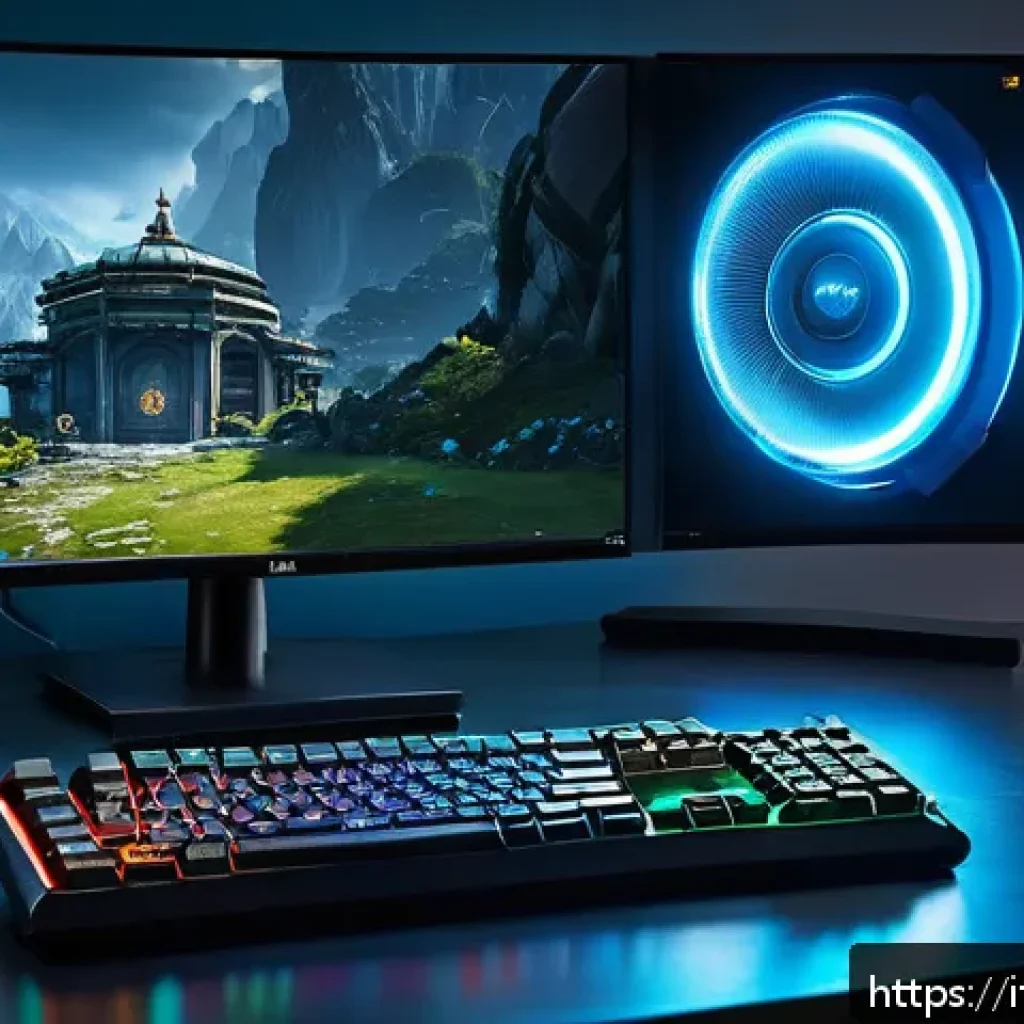 아이온 그래픽 옵션 최적화 - A detailed gaming setup scene showcasing a mid-range PC optimized for playing Aion, featuring a wide...