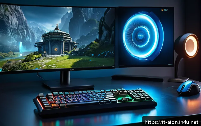아이온 그래픽 옵션 최적화 - A detailed gaming setup scene showcasing a mid-range PC optimized for playing Aion, featuring a wide...