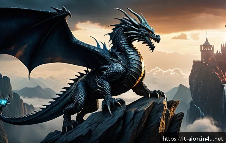 아이온 보스 아이템 드랍 확률 - A highly detailed fantasy boss battle scene featuring a powerful dragon lord standing atop a rocky c...