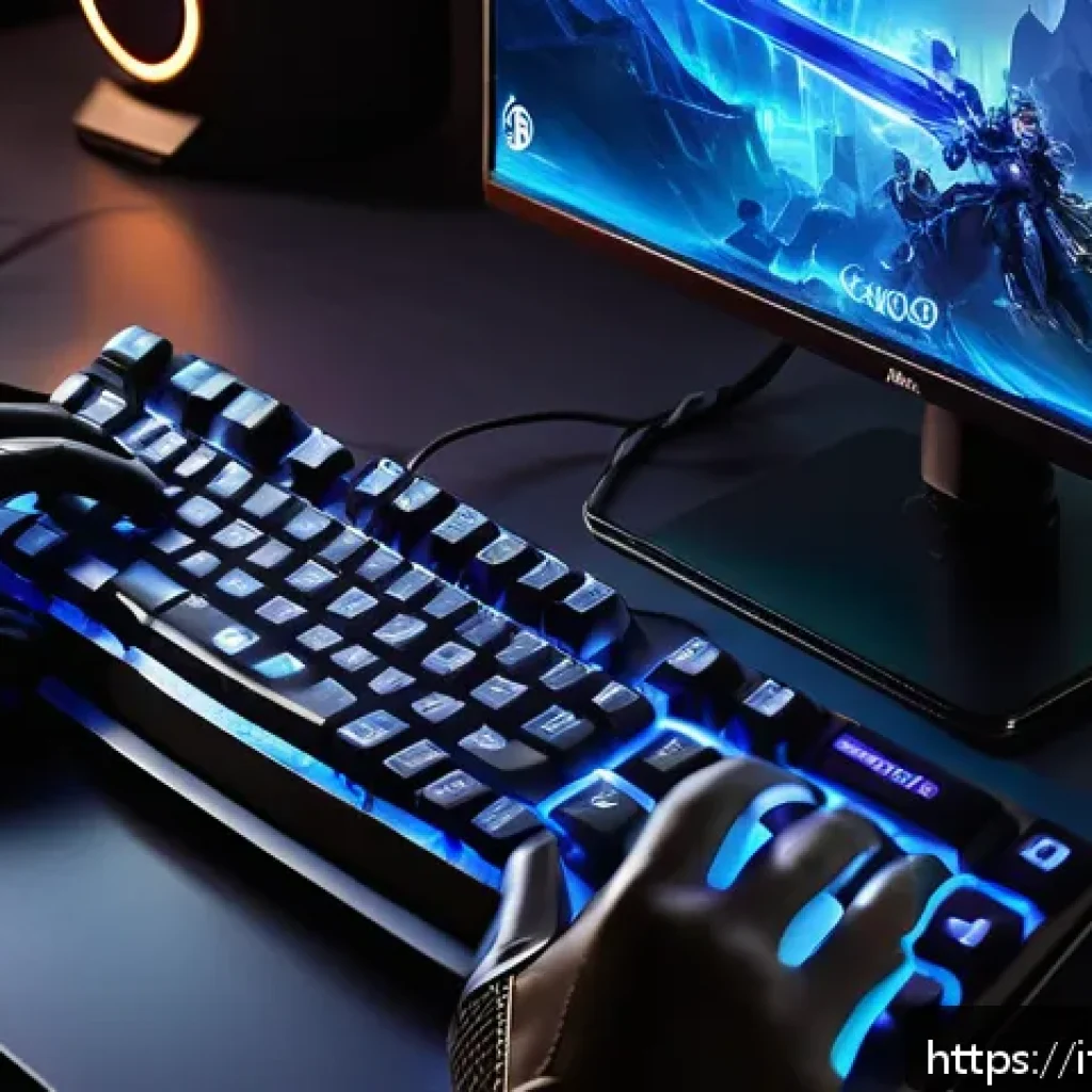 아이온 핫키 설정법 - A dynamic gaming setup scene focused on a high-tech keyboard with custom hotkeys illuminated near th...