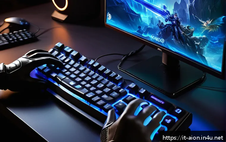 아이온 핫키 설정법 - A dynamic gaming setup scene focused on a high-tech keyboard with custom hotkeys illuminated near th...
