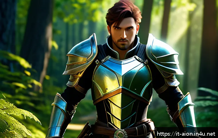 아이온 데일리 퀘스트 - A focused fantasy MMORPG player character in stylish light armor, efficiently navigating a lush, det...